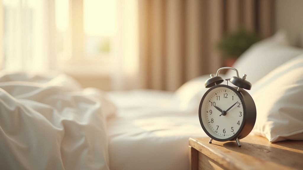 Wecker auf Nachttisch neben Bett mit weißem Bettwäsche, Morgenlicht, minimalistisches Schlafzimmer, saubere und ruhige Umgebung