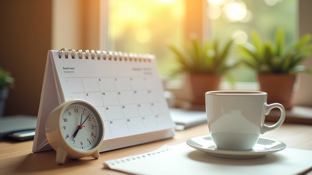 Kalender und Uhr auf Schreibtisch mit Kaffee, zeitmanagement visualisiert