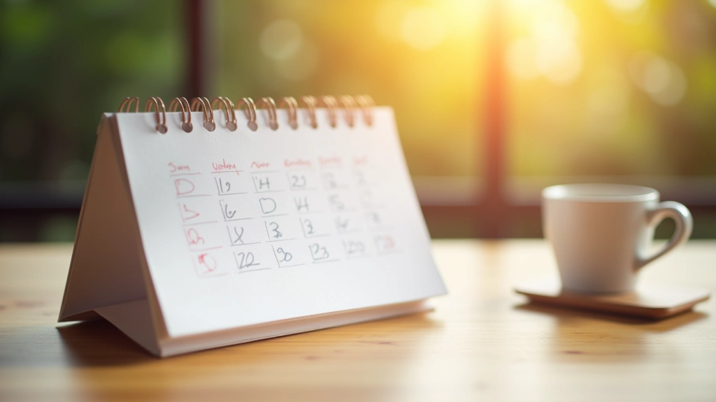 Kalender mit angekreuzten Tagen auf Holzschreibtisch, Kaffeetasse, minimalistisches Büro, warmes Licht, Nahaufnahme des Kalenders, Erfolgs-Tracking-Symbole