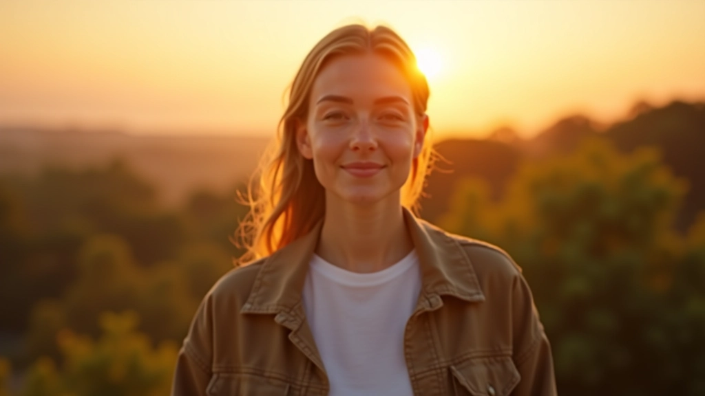 Person auf Balkon bei Sonnenuntergang, entspannte Körperhaltung, warmes Abendlicht, Natur im Hintergrund, obere Körperhälfte sichtbar
