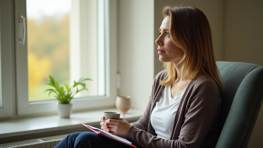 Person sitzt entspannt am Fenster mit Kaffee und Notizbuch, natürliches Licht, ruhige Atmosphäre