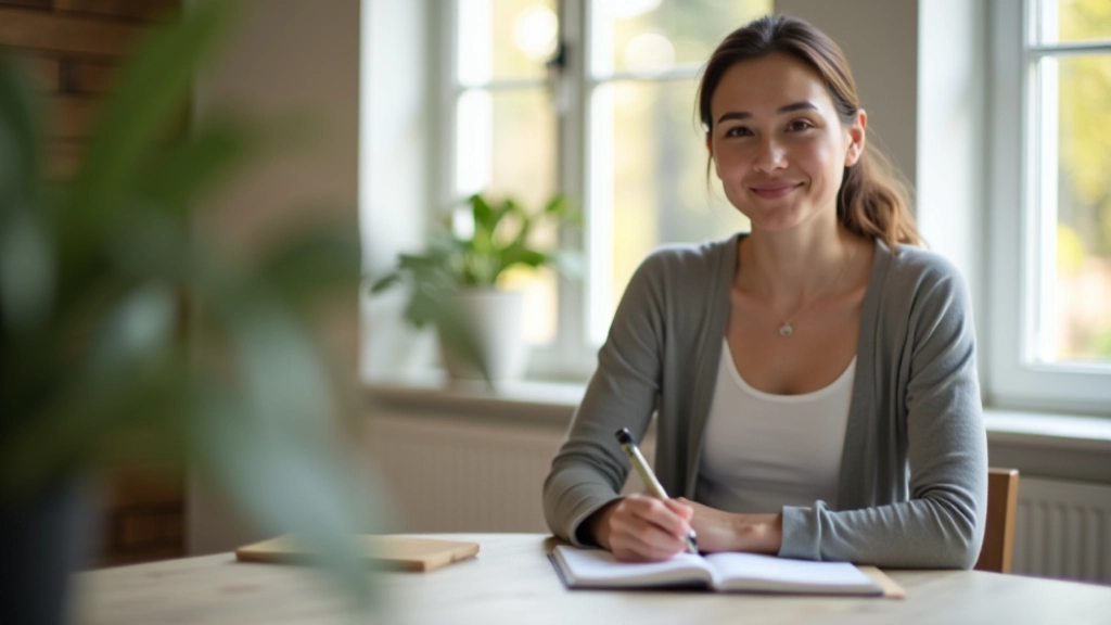 Person sitzt ruhig am Schreibtisch, notiert Gedanken in Tagebuch, friedlicher Ausdruck, natürliche Beleuchtung