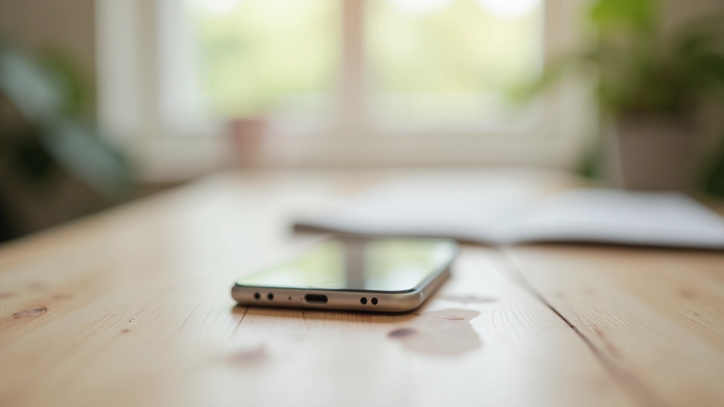 Smartphone liegt mit Bildschirm nach unten auf einem Holztisch, symbolisiert Digital Detox und Distanz