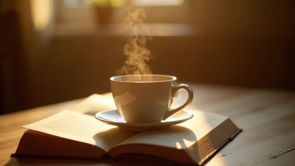 Heißer Tee in einer Tasse auf einem offenen Buch, gemütliche Leseecke, Moment der Entspannung