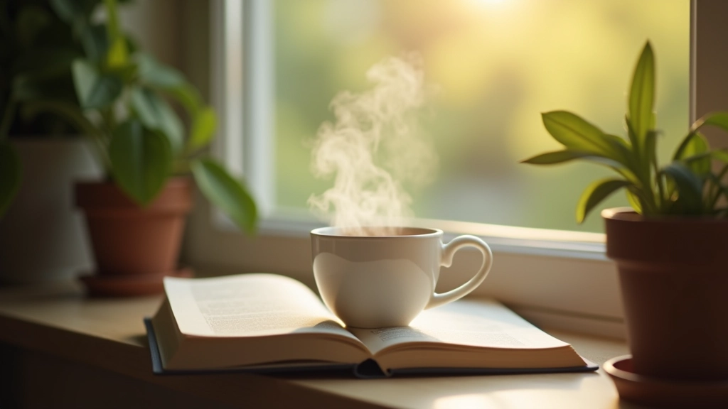 Teetasse auf einem Buch, Fensterbank mit Pflanze, ruhiges Ambiente