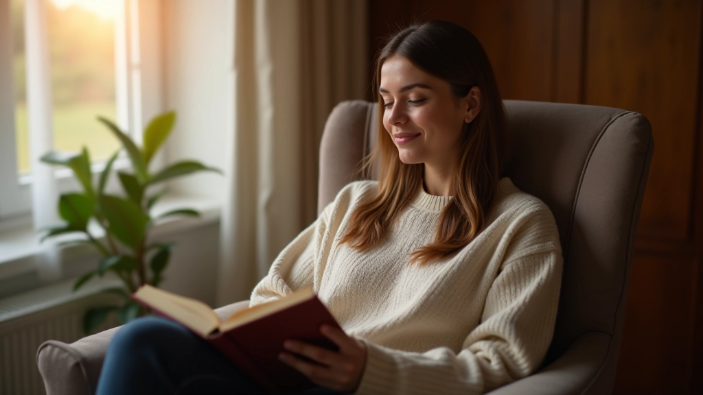 Person sitzt in gemütlichem Sessel mit Buch und Tee, warmes Tageslicht durch Fenster, entspannter Gesichtsausdruck, obere Körperhälfte