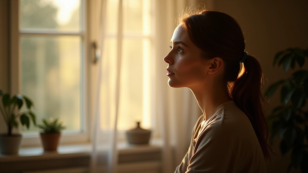 Person sitzt nachdenklich am Fenster und schaut auf die Stadt, Moment der Selbstreflexion
