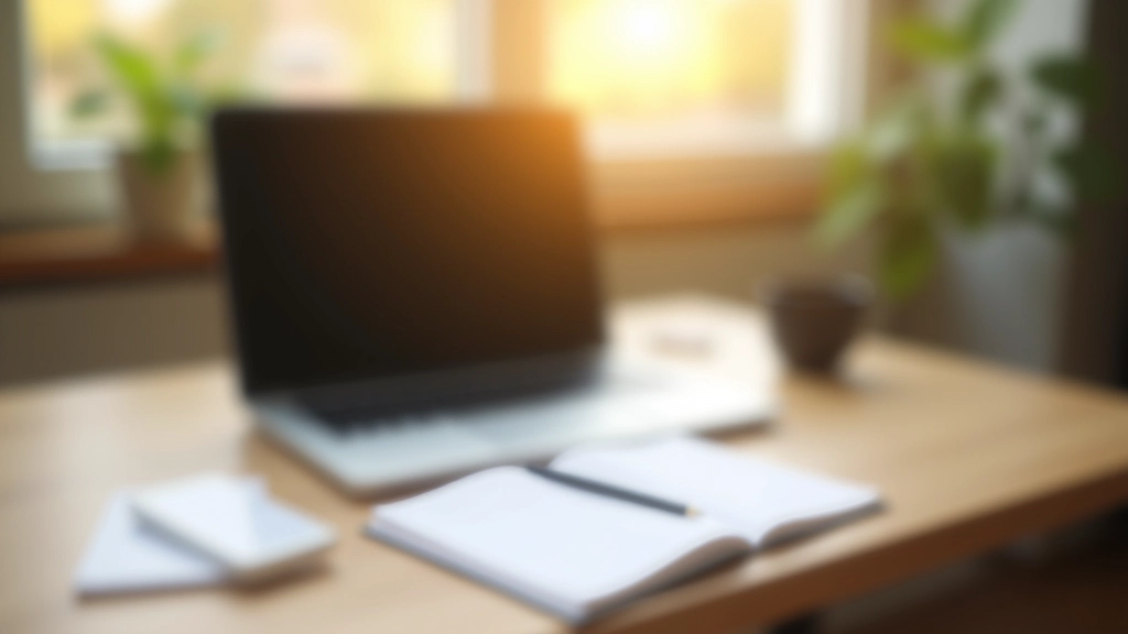 Schreibtisch mit Laptop und Notizbuch, minimalistisches Arbeitsumfeld